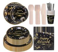CEILIWEN 201PCS Happy Retirement Party Supplies Set with Black and Gold Tableware for Men Women Farewell, Say Goodbye - Paper Plates and Napkins, Serves 25