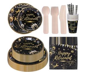 CEILIWEN 201PCS Happy Retirement Party Supplies Set with Black and Gold Tableware for Men Women Farewell, Say Goodbye - Paper Plates and Napkins, Serves 25