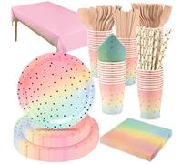 CEILIWEN 201PCS Pink and Gold Party Tableware Set, Disposable Party Dinnerware Set Includes Tablecloth,9''&7'' Paper Plates,Cup,Napkin,Straw,Wooden Cutlery(Knife/Fork/Spoon),Severs 25