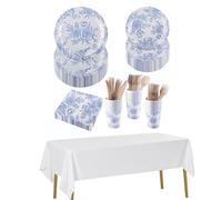 CEILIWEN 212PCS Blue Floral Party Set - 30 Guests Paper Tableware Set Includes Plates, Cups, Napkins, Cutlery & Tablecloths for Elegant Afternoon Tea, Wedding, Birthday (Blue)