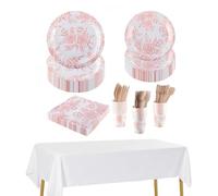 CEILIWEN 212PCS Orange Floral Party Set - 30 Guests Paper Tableware Set Includes Plates, Cups, Napkins, Cutlery & Tablecloths for Elegant Afternoon Tea, Wedding, Birthday (Orange)