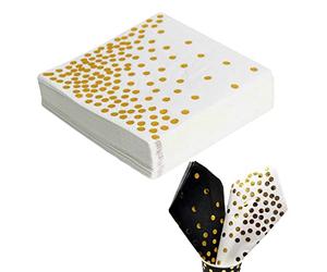 CEILIWEN 50PCS White & Gold Polka Dot Party Napkins, 33x33CM White with Gold Cocktail & Dinner Serviettes