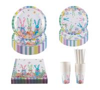 CEILIWEN Rabbit-Themed Party Tableware Set for 25 Guests, Colored Checkered Paper Plates Cups Napkins & Straws Set - for Easter, Birthday, Spring Summer Party, Picnic