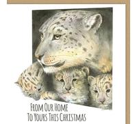 Ceinwen Campbell Snow Leopard and Cubs Christmas Card, Hand Painted Watercolour Design, 15cm x 15cm, Single Quality Textured Blank Greetings Card