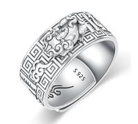 CEKAMA Feng Shui Pixiu Mantra Ring S952 Sterling Silver Attracting Wealth Amulet Lucky Protection Wealth Ring Buddhist Jewelry Feng Shui Ring for Men Women, Adjustable, No Gemstone