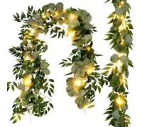 Cekene 2 Pcs 13Ft Artificial Eucalyptus Garland with Willow Leaves 40 LED Lights Fake Hanging Greenery Vines Table Runner Garland Decorative Artificial Green Plants for Wedding Arch Wall Party Decor