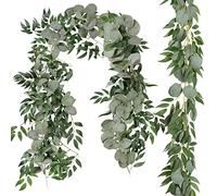 Cekene 2 Pcs 6.5 Ft Artificial Eucalyptus Garland with Willow Leaves Fake Hanging Greenery Vines Table Runner Garland for Wedding Backdrop Arch Wall Decor (2pcs, eucalyptus blend willow)