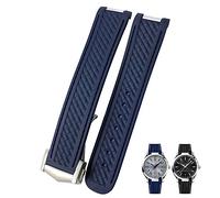 CEKGDB 20mm Curved Rubber Watch Strap Fit For Omega AT150 Aqua Terra Seamaster 300 Steel Deployment Buckle Watchband(Dark blue blue line,Black buckle)