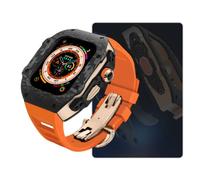 CEKGDB Modification Kit Carbon Fiber Watch Case，For Apple Watch Ultra 9 8 7 6 SE Metal Bezel Mod Kit，For Iwatch 49MM 45MM 44MM Rubber Strap Set(BM,45mm)