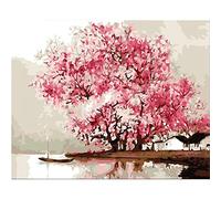 Cekog Paint by Number for Adults,DIY Paint by Numbers Canvas Oil Painting Kits for Kids or Beginner with Brushes Acrylic Pigment Drawing Home Wall Decoration Gifts Pink Tree Landscape 20x26in Framed