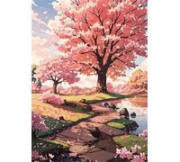 Cekog Paint by Numbers Kit for Adults Beginners,Riverbank Pink Trees Paint by Number Kits on Canvas,DIY Easy Acrylic Pigment Drawing Paintwork Arts Crafts for Home Wall Decor 12x16in(Frameless)