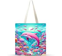 Cekog Set of 4 Tote Bag,Canvas Tote Bag No Zipper Women's Reusable Shopping Bag Washable Foldable Pink Sea Dolphin Cotton Canvas Tote Bags for Women Girls Shopping Grocery