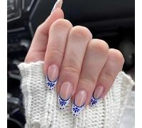 Celadon Floral French Almond Press-On Nails with Hand-Painted Blue Design - 24PCS Set with Nude Tips & Jelly Adhesive Tabs for Secure Comfortable Daily Wear and Salon-Quality Manicure