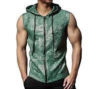 Celanisai Men's Hipster Metallic Sequin Wetse with Zip Sleeveless Hooded Vest Kangaroo Pocket Retro Fashion Casual Shirt Performance Dance Costume Comfortable Airy Sweatshirt, O Green, XL