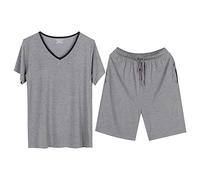 Celanisai Men's Short Pyjama Set Two Piece Modal Comfortable Sleepwear 2-Piece V-Neck Short Sleeve T-Shirts and Lounge Trousers Plain Loose Sleepwear Lightweight Air Leisure Suit, O Grey, 3XL