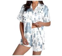 Celanisai Pyjama Set Women's Satin Lingerie Pyjamas Elk Christmas Motif Sleepwear Silk Satin Two Piece with Short Sleeve Tops and Trousers Sleepwear Comfortable Soft Loungwear Loose Leisure Suit, O