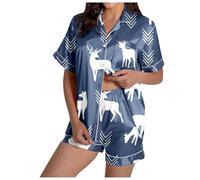 Celanisai Pyjama Set Women's Satin Lingerie Pyjamas Elk Christmas Motif Sleepwear Silk Satin Two Piece with Short Sleeve Tops and Trousers Sleepwear Comfortable Soft Loungwear Loose Leisure Suit, O