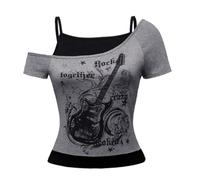 Celanisai Women's Emo Grunge T-Shirts - Vintage Y2K Fake 2 Piece Guitar Graphic Baby Tee Gothic Aesthetic Short Sleeve Off Shoulder Crop Top Punk Harajuku Tops Teenager Girls Streetwear, O Grey, S