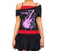 Celanisai Women's Emo Grunge T-Shirts - Vintage Y2K Fake 2 Piece Guitar Graphic Baby Tee Gothic Aesthetic Short Sleeve Off Shoulder Crop Top Punk Harajuku Tops Teenager Girls Streetwear, O Hot Pink, L