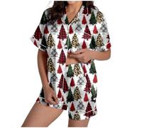 Celanisai Women's Pyjama Set Christmas Tree Print Pyjamas Silk Satin Sleepwear 2-Piece Short Sleeve Tops with Button Placket and Trousers Baggy Soft Sleepwear Comfortable Soft Loungwear, P White, XXL
