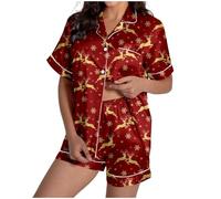 Celanisai Women's Pyjama Set Christmas Tree Print Pyjamas Silk Satin Sleepwear 2-Piece Short Sleeve Tops with Button Placket and Trousers Baggy Soft Sleepwear Comfortable Soft Loungwear, O wine, XXL