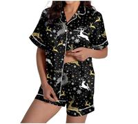 Celanisai Women's Pyjama Set Christmas Tree Print Pyjamas Silk Satin Sleepwear 2-Piece Short Sleeve Tops with Button Placket and Trousers Baggy Soft Sleepwear Comfortable Soft Loungwear, O silver., M