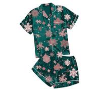 Celanisai Women's Satin Pyjamas Short Christmas Pyjama Set with Button Snow Fly Print Two Piece 2-Piece Shirt and Shorts Silk Soft Comfort Loungwear Elegant Plain Leisure Suit, O Dark Green, XL