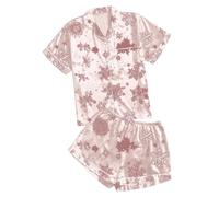 Celanisai Women's Satin Pyjamas Short Christmas Pyjama Set with Button Snow Fly Print Two Piece 2-Piece Shirt and Shorts Silk Soft Comfort Loungwear Elegant Plain Leisure Suit, O Beige, XL