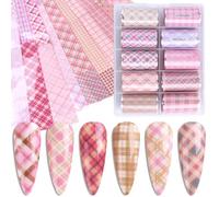 Celblisora 10 Rolls/Box Plaid Nail Transfer Foils,Pink Plaid Nail Stickers,Transfer Foils with Plaid Pattern,Star Pattern,Geometric Lines and Swirls