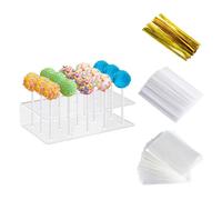 Celblisora 2 Pack Cake Pop Stand with Sticks & Wrappers,15 Holes Acrylic Cake Pops Holder Disply,Clear Cake Pops Sticks Kit,Lollipop Hold Stand for Drying,Party Supplies