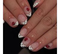 Celblisora 24 Pcs Polka Dot French Tip Press on Nails,Short Oval 3D Red Ladybug Designs Acrylic Full Cover False Nails Glossy Reusable