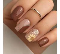 Celblisora 24-Piece Autumn and Winter Press-On Nails, Short Square Artificial Nails with Design,Yellow Daisy,Striped Brown Artificial Nails