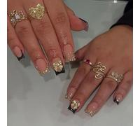 Celblisora 24-Piece Set of Artificial Fingernails with Bow, Black French Tip Shape, Short, Square Artificial Nails with Rhinestones, Artificial Acrylic Stick-On Nails