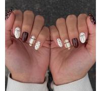 Celblisora 24 Pieces Artificial Fingernails for Sticking On, Short Oval Nails with Checkered Dot Pattern and Bow Motifs, Winter Adhesive Nails for Women's Manicure Decorations