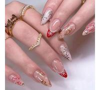 Celblisora 24Pcs Christmas Press on Nails French Tip Medium Almond Fake Nails Cat Eye Xmas False Nail with Snowflake Pearl Design Winter Glue on Nail Full Cover