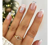 Celblisora 24Pcs Medium Square False Nails,Sparkly Stars Press on Nails,French Tips on Nail Stick on Fingernails Glossy Silver Glitter Acrylic Fake Nails for Women