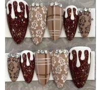 Celblisora 30 Pieces Artificial Christmas Nails, Almond Shape, Coffee Color Striped, Snowman Christmas Nails, Cute Gingerbread Stick-on Nails, Brown Checkered