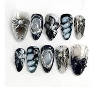 Celblisora 30pcs Y2k Metallic Handmade Black Press On Nails,Medium Length Almond Fake Nails 3D Flowers,Silver Swirls,Bow & Butterfly Charms Dark Design Series