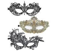 Celblisora 3pce Black Gold Lace Masks Masquerade Masks for Women Couples,Men Mardi Gras Mask,Adults Party Costume Venetian Dress