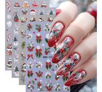 Celblisora 4 Stick Christmas Nail,Art Stickers 3D Embossed Holly Sprig Bow Nail,Decals Self-Adhesive Gingerbread Man Xmas Tree Designs Stickers,Santa Claus Elk Nail