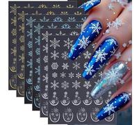 Celblisora 6 Pcs Christmas Nail Art Stickers,Snowflake 3D Self-Adhesive Winter Nails Decals,Blue Gold White Snowflake Nails Designs Stickers,Women Xmas DIY Manicure Decor