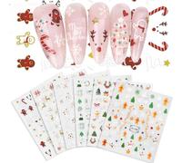Celblisora 6 Sheets Christmas Nail Art Stickers,Snowflake Gingerbread Men Design,3D Self-Adhesive DIY Christmas Nail Decals for Women,Winter Holiday Nail Decorations