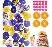 Celblisora 64 Pcs Naturally Dried Pressed Edible Flowers,Purple Pansy,Heart Rose Petals,Dried Orange Slices,Food Grade Dry Flowers for Cocktails Cake Decorating Crafts Resin Mix