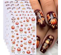 Celblisora 6PCS Pumpkin Nail Art Stickers,Fall Maple Leaf Nail Decals Maple Leaves Pumpkin Nails Design,3D Self-Adhesive Nail Art Supplies,Fall Stickers for Nails