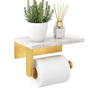 Celbon Toilet Paper Holder with White Marble Storage Shelf Stainless Steel Self Adhesive/Screw Mount Toilet Roll Holder for Bathroom Washroom Rustproof Tissue Roll Holder with Shelf (Gold)