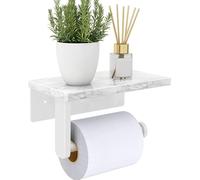 Celbon Toilet Paper Holder with White Marble Storage Shelf Stainless Steel Self Adhesive/Screw Mount Toilet Roll Holder for Bathroom Washroom Rustproof Tissue Roll Holder with Shelf (White)