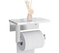 Celbon Toilet Paper Holder with White Marble Storage Shelf Stainless Steel Self Adhesive/Screw Mount Toilet Roll Holder for Bathroom Washroom Rustproof Tissue Roll Holder with Shelf (Brush)