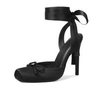 Celbreez Ballet Heels Satin Stiletto Heels for Women Tight Square Toe Slingback Bow Lace Up High Nude Heel Women's Strappy Mary Jane Pumps, black, 4 UK