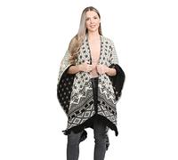 celebmodelook Womens Aztec Chunky Knitted Poncho Fringe Hem Reversable Cardigan Open Winter Cape Wrap Shawl