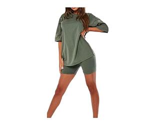 celebmodelook Womens Oversized Plain T-Shirt Cycling Short 2 Pcs Set Ladies Gym Sports Active Loungewear Co-ords Suit